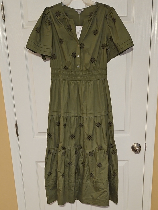 Dresses & Skirts - NWT Embroidered, Tiered Dress - Olive Green Cotton